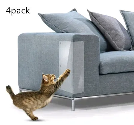 Two transparent PVC self-adhesive cat claw protector pads on a leather sofa arm, each 47x15cm