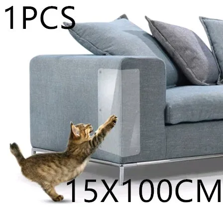 Two transparent PVC self-adhesive cat claw protector pads on a leather sofa arm, each 47x15cm