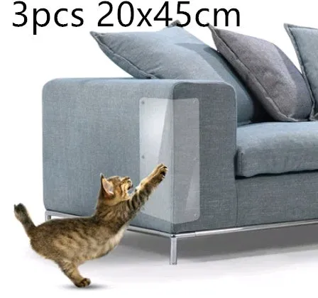 Two transparent PVC self-adhesive cat claw protector pads on a leather sofa arm, each 47x15cm