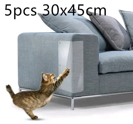 Two transparent PVC self-adhesive cat claw protector pads on a leather sofa arm, each 47x15cm