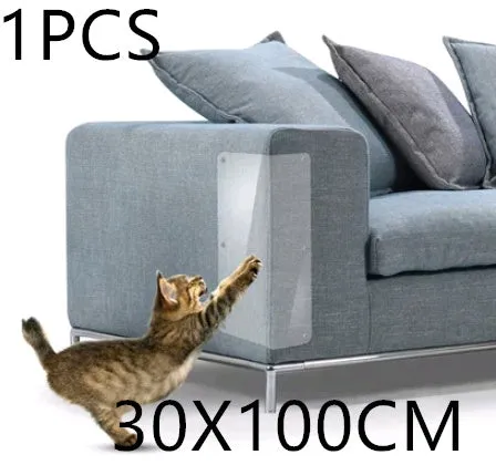 Two transparent PVC self-adhesive cat claw protector pads on a leather sofa arm, each 47x15cm