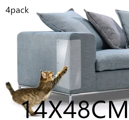 Two transparent PVC self-adhesive cat claw protector pads on a leather sofa arm, each 47x15cm
