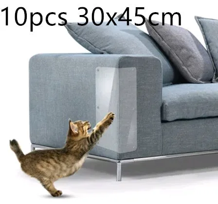 Two transparent PVC self-adhesive cat claw protector pads on a leather sofa arm, each 47x15cm