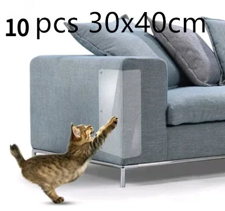 Two transparent PVC self-adhesive cat claw protector pads on a leather sofa arm, each 47x15cm