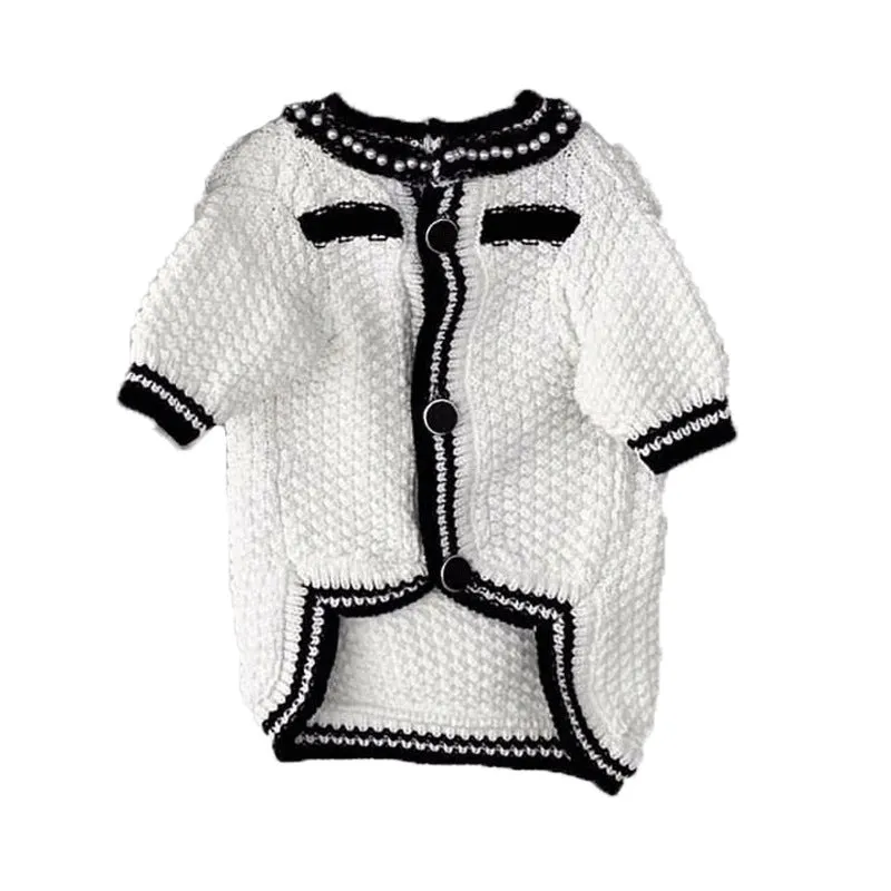 Korean style white pearl collar dog sweater on small puppy showing princess-style pet clothing