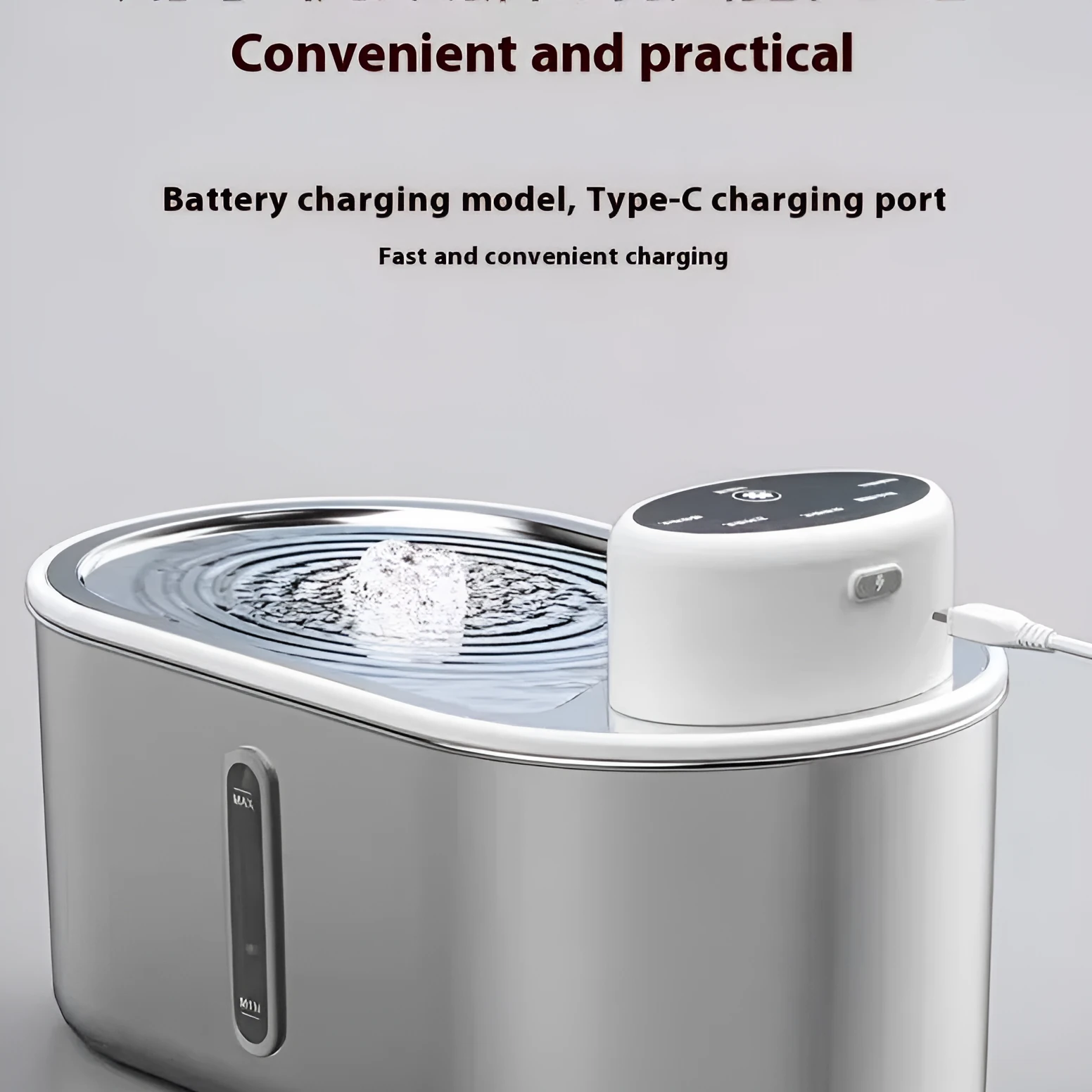 Silver non-plug-in infrared induction pet drink fountain made from all stainless steel with 4000mAh capacity