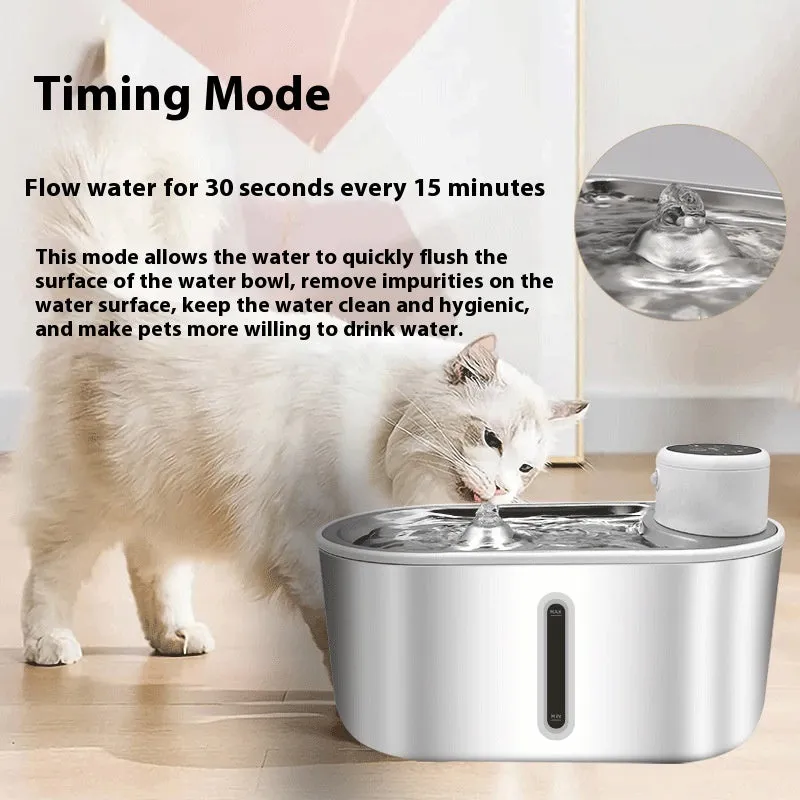 Silver non-plug-in infrared induction pet drink fountain made from all stainless steel with 4000mAh capacity