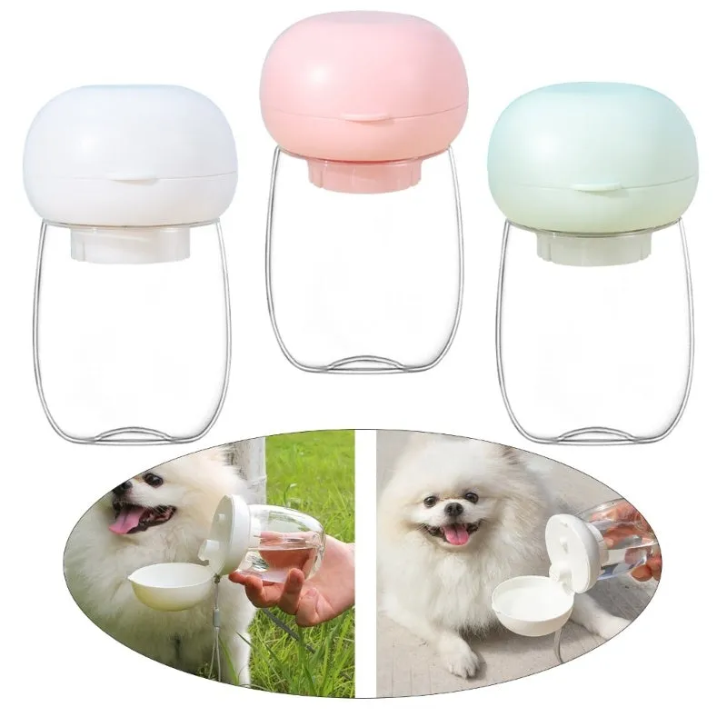 Portable dog water bottle with attached cup in white, 300ml capacity for walking and travel