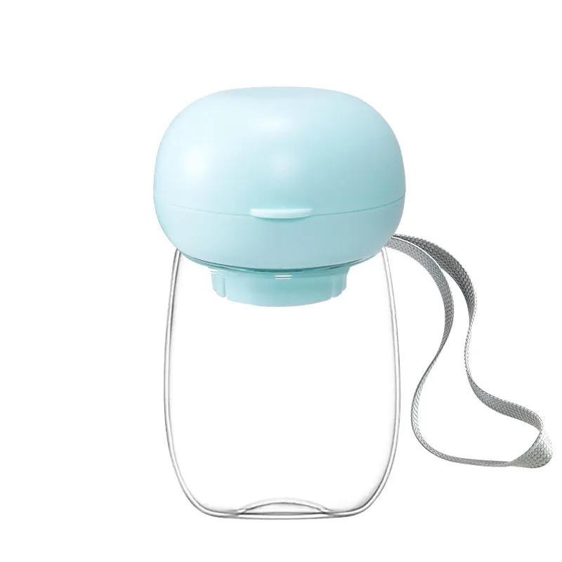 Portable dog water bottle with attached cup in white, 300ml capacity for walking and travel