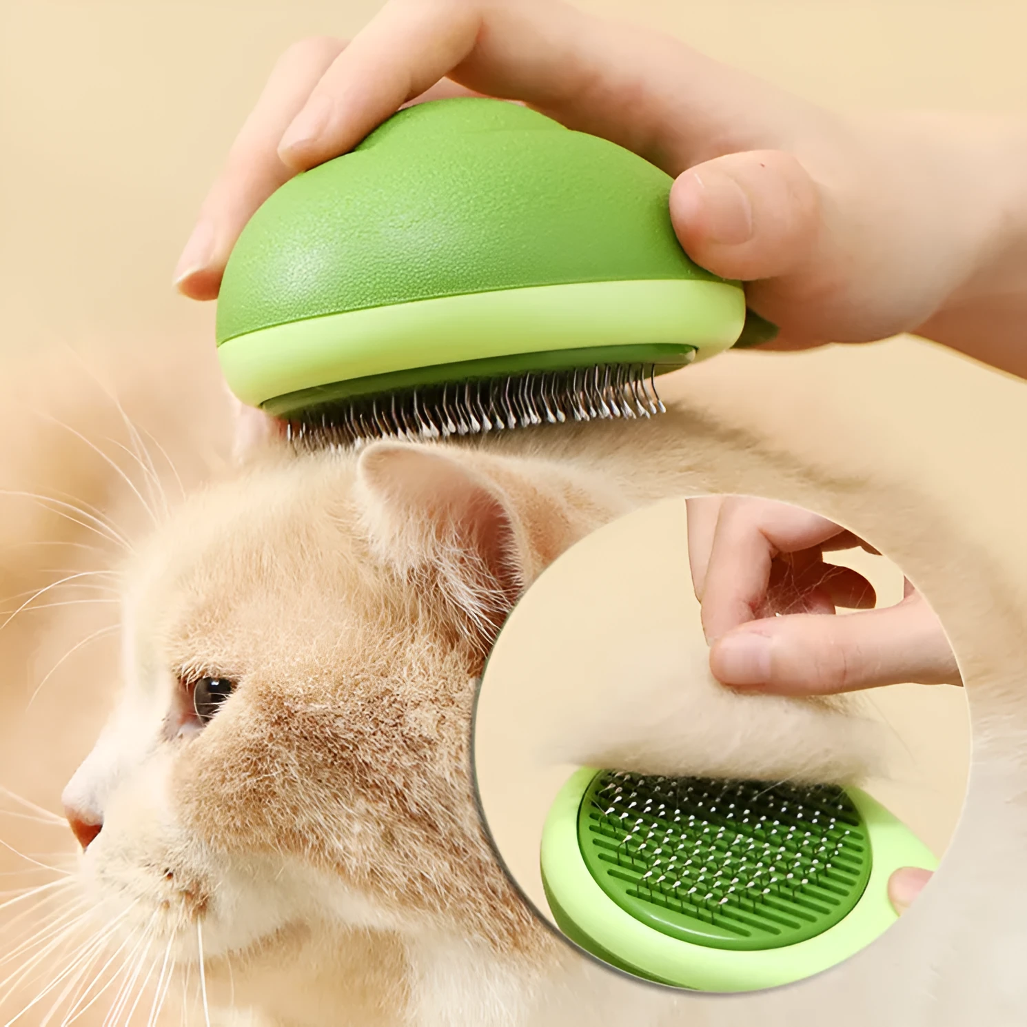 Avocado-shaped cat brush in avocado green with stainless steel needles