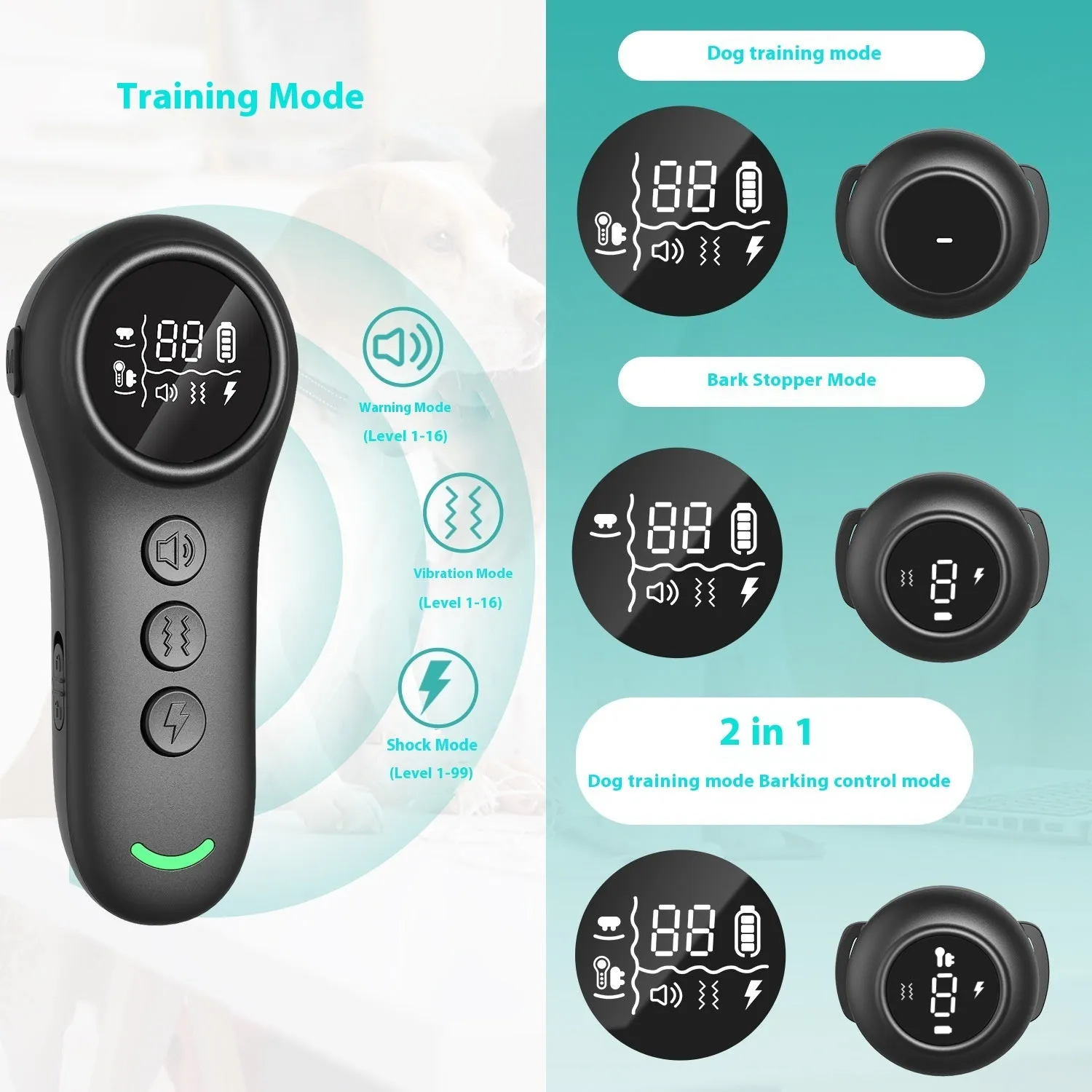 Smart 3-in-1 dog trainer bark stopper with multiple training modes made from ABS plastic