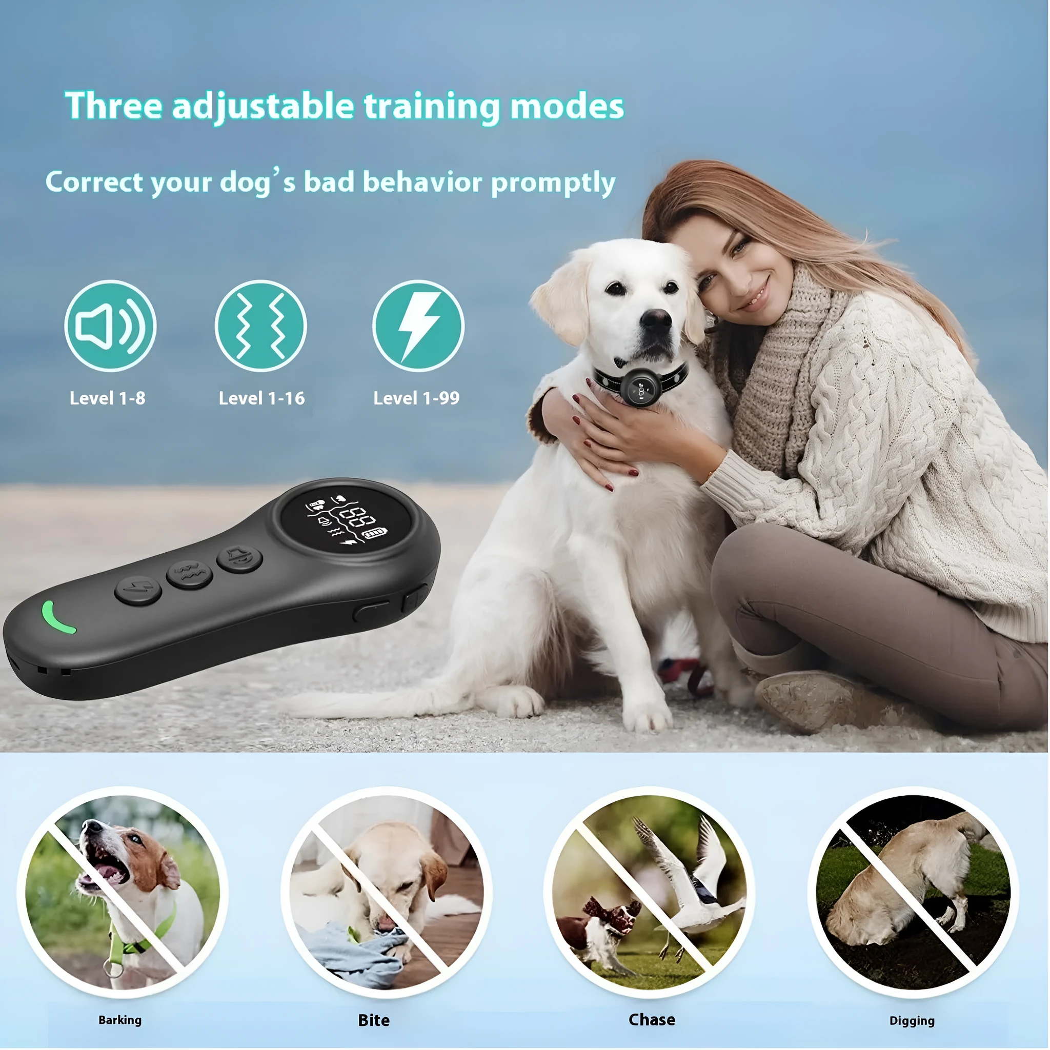 Smart 3-in-1 dog trainer bark stopper with multiple training modes made from ABS plastic