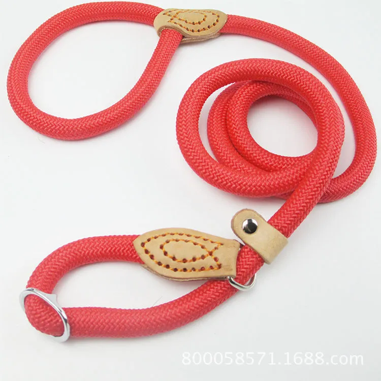 Brown nylon P chain dog leash with hand-holding rope, shown at full 2.1 metre length.