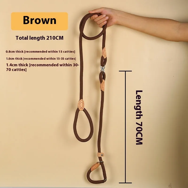 Brown nylon P chain dog leash with hand-holding rope, shown at full 2.1 metre length.
