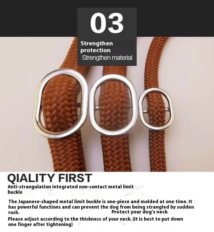 Brown nylon P chain dog leash with hand-holding rope, shown at full 2.1 metre length.