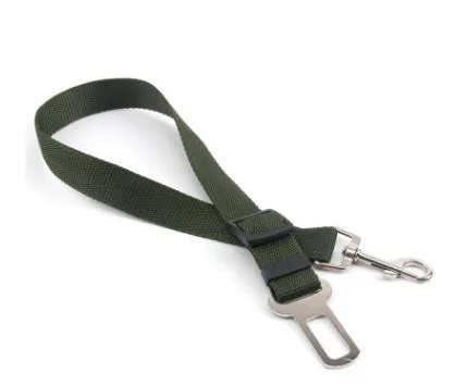 Fixed strap polyester dog seat belt in army green with metal clip and adjustable nylon strap for car safety