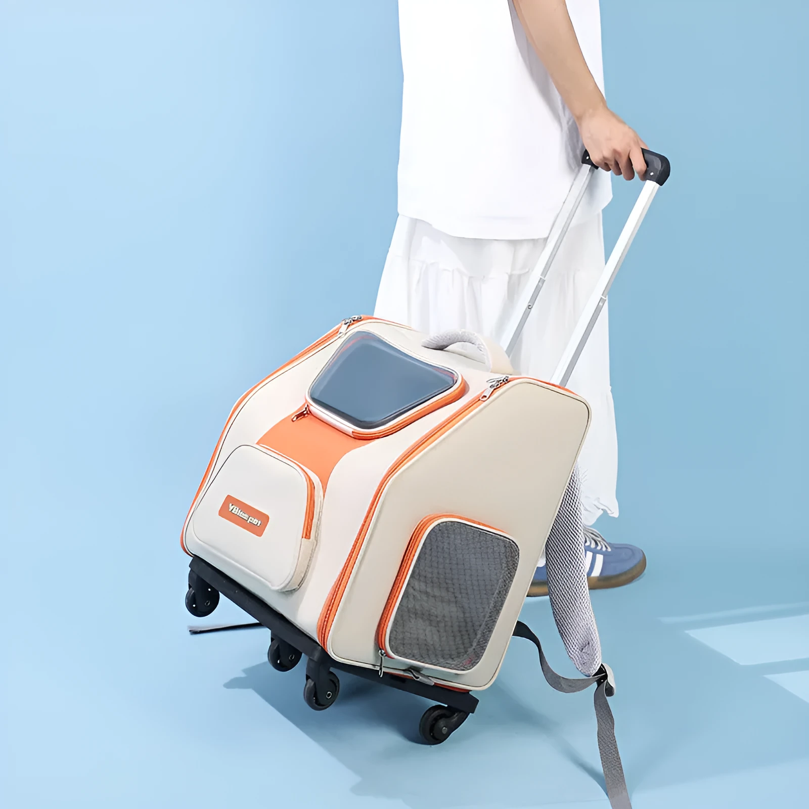 Large capacity nylon pet trolley bag panoramic model in khaki with backpack straps