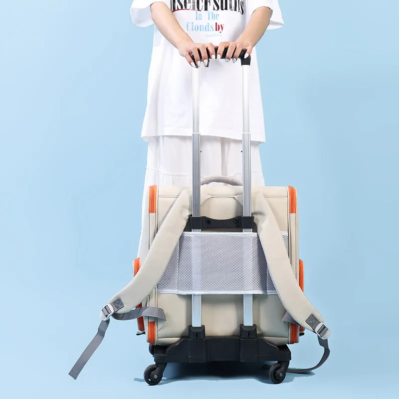 Large capacity nylon pet trolley bag panoramic model in khaki with backpack straps