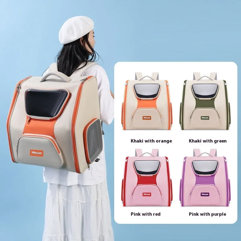Large capacity nylon pet trolley bag panoramic model in khaki with backpack straps