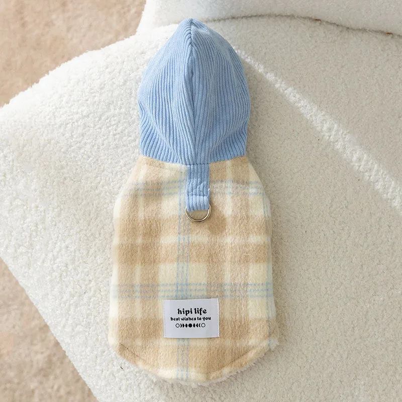 Blue corduroy dog hoodie with a chessboard grid pattern and hooded vest design
