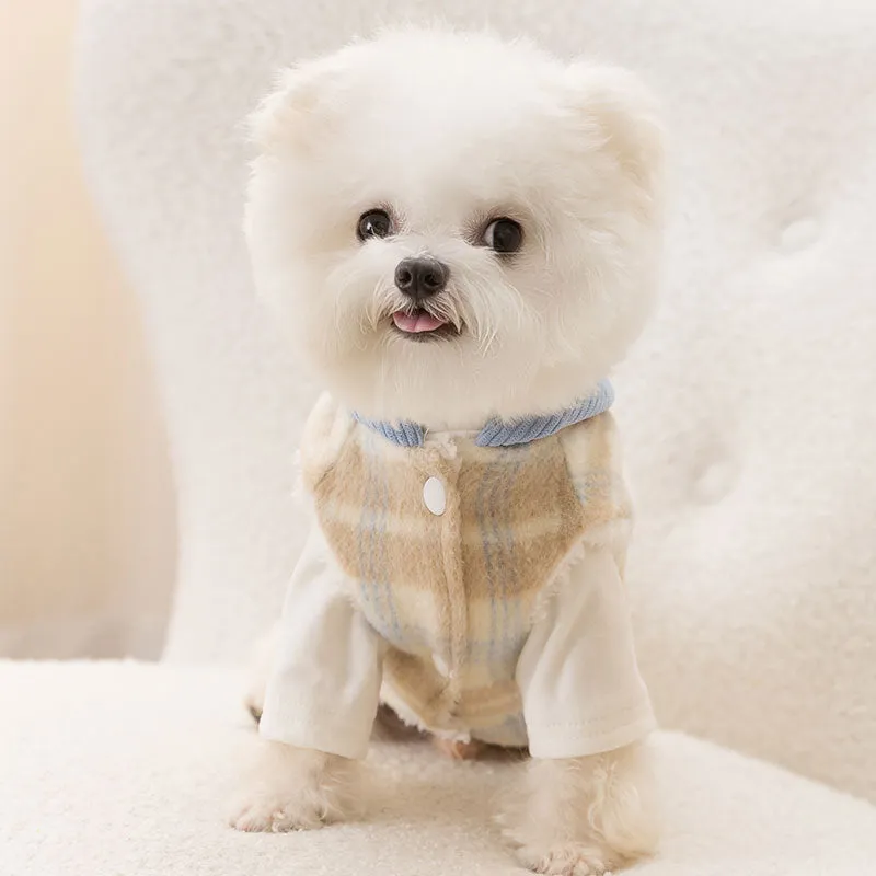 Blue corduroy dog hoodie with a chessboard grid pattern and hooded vest design
