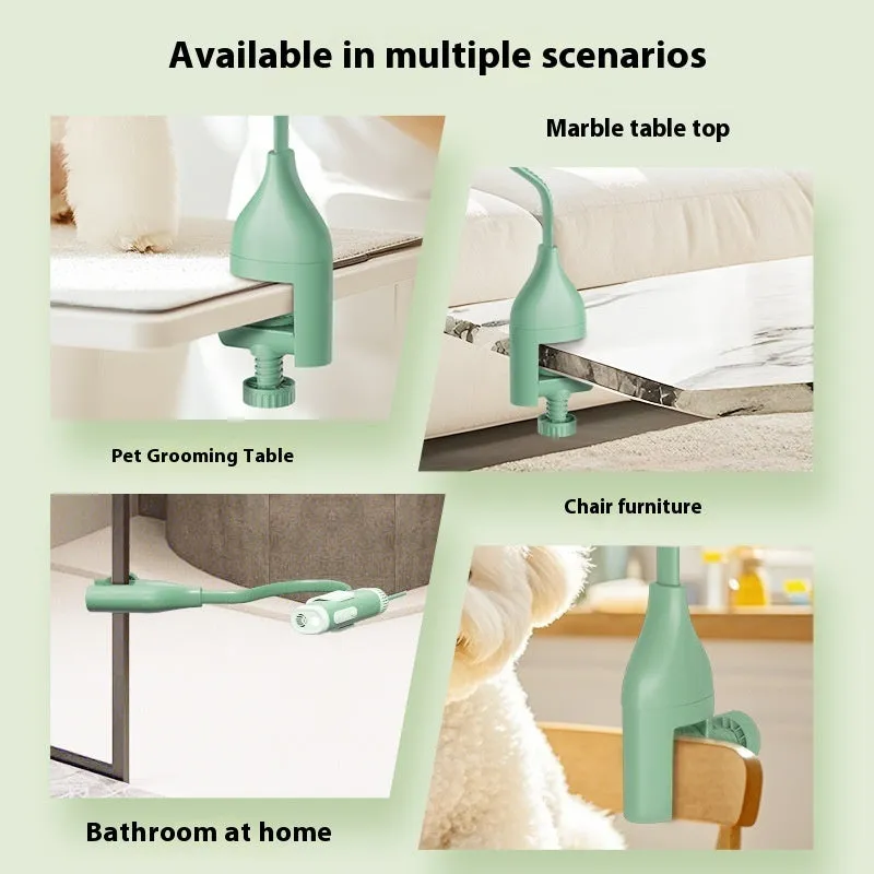 Pet halter hair dryer bracket in green and white for hands-free dog grooming