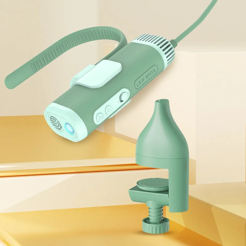 Pet halter hair dryer bracket in green and white for hands-free dog grooming