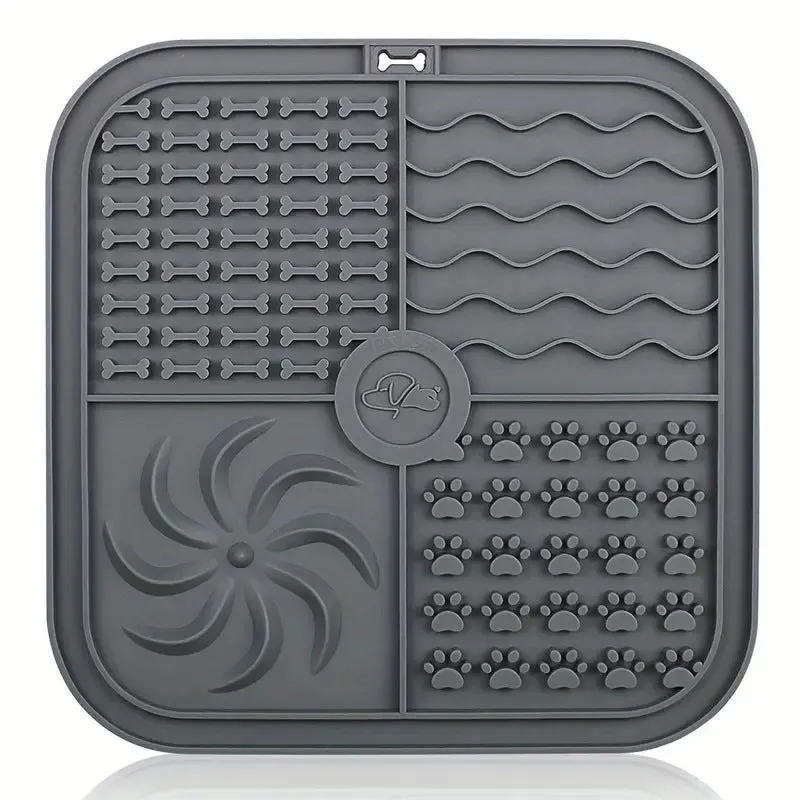 Bottom suction cup non-slip silicone pet slow food mat in gray, with suction cups visible underneath