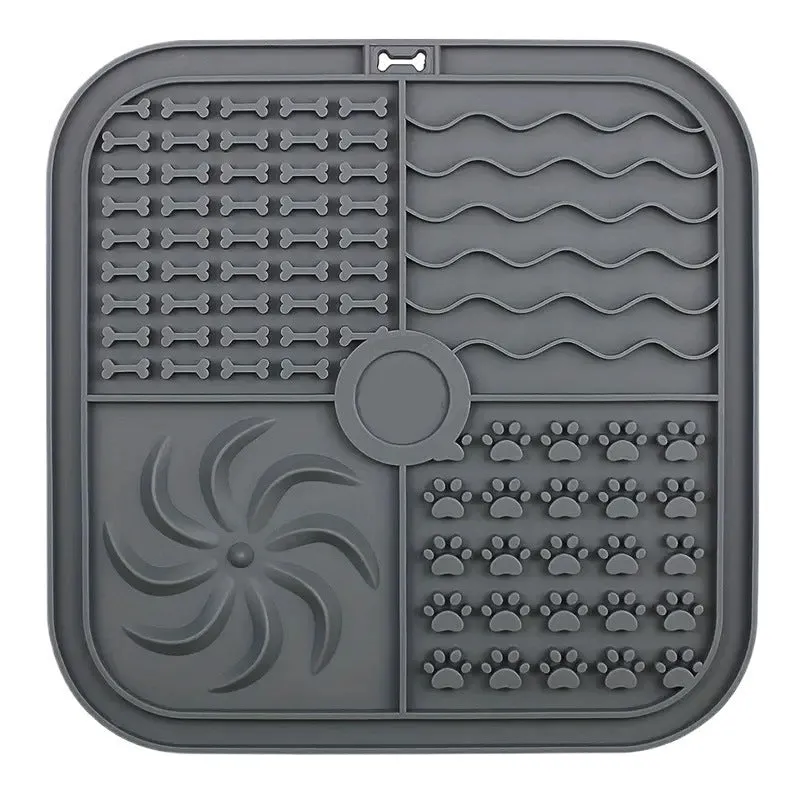 Bottom suction cup non-slip silicone pet slow food mat in gray, with suction cups visible underneath