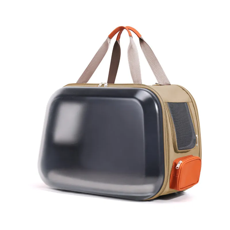 Pet carrier bag in solid colour with handle, large interior space, and breathable PU PET material – beige option shown