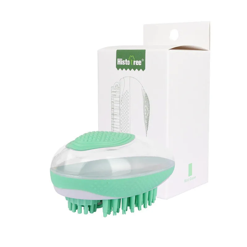2-in-1 dog cat bath brush with soft silicone bristles and non-slip grip in pink