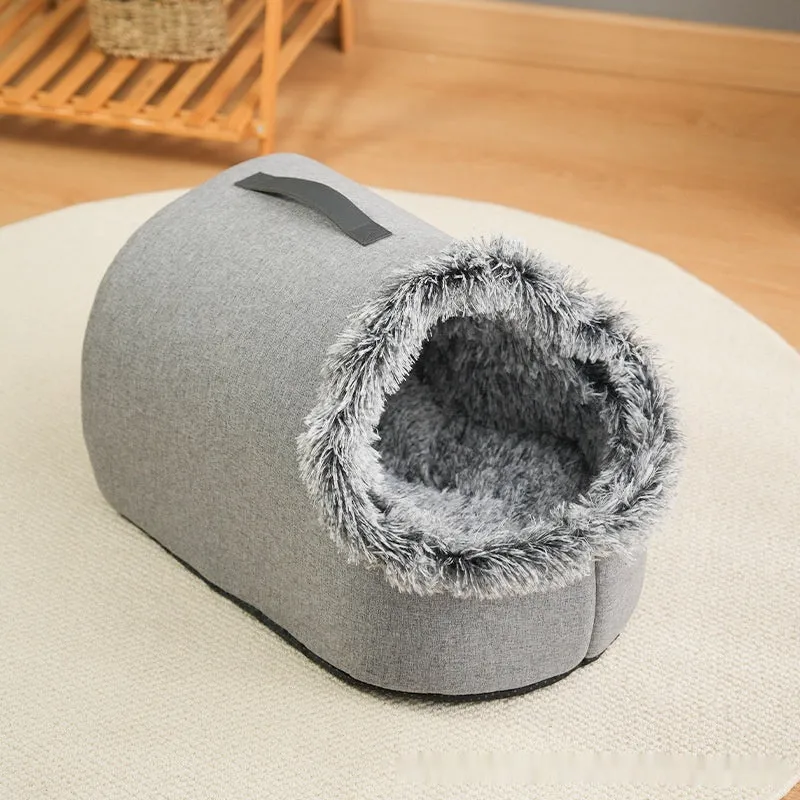Thickened plush winter cat bed closed nest with handle in brown linen material on floor