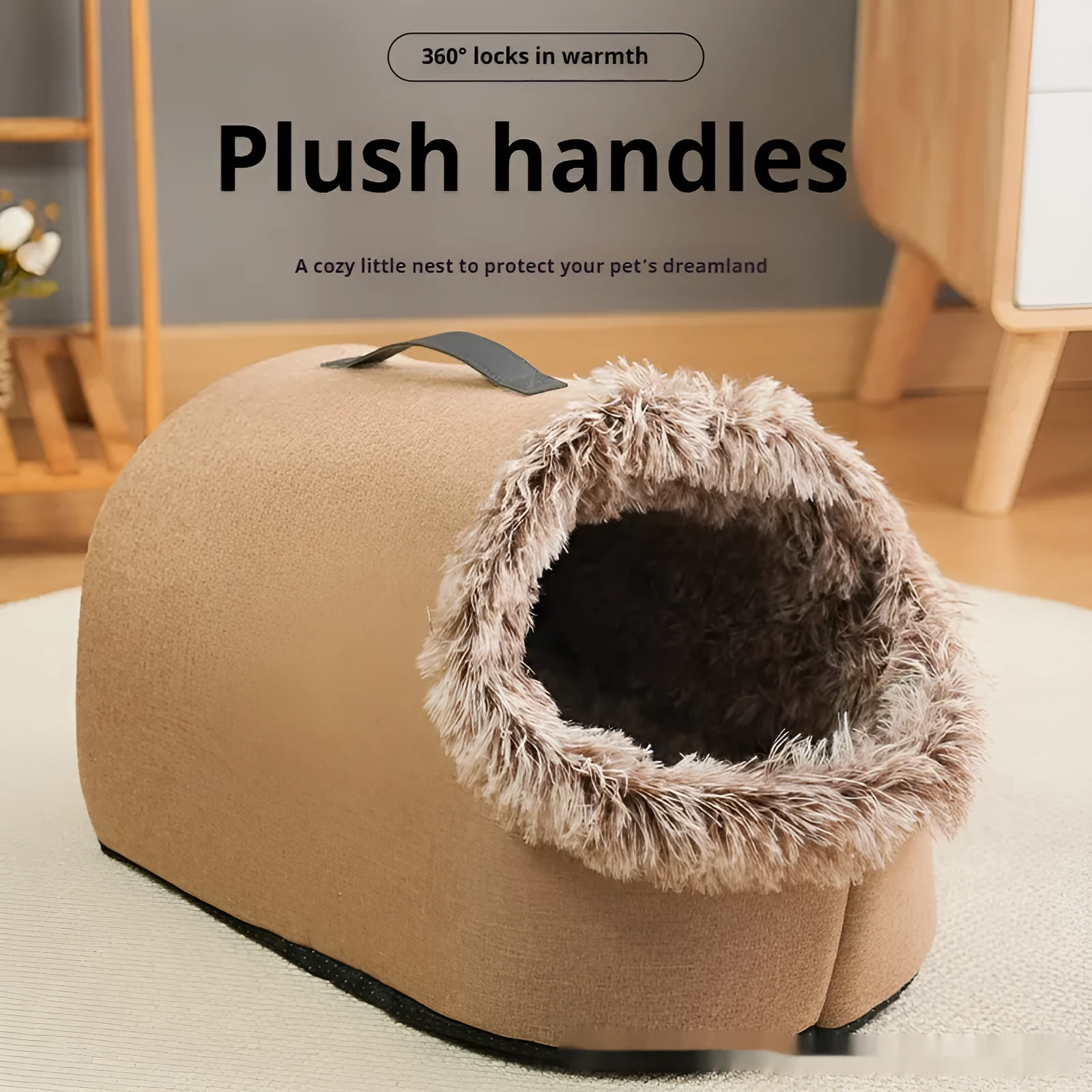 Thickened plush winter cat bed closed nest with handle in brown linen material on floor