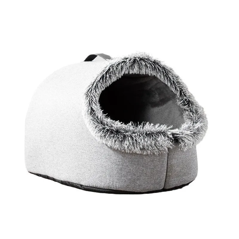 Thickened plush winter cat bed closed nest with handle in brown linen material on floor