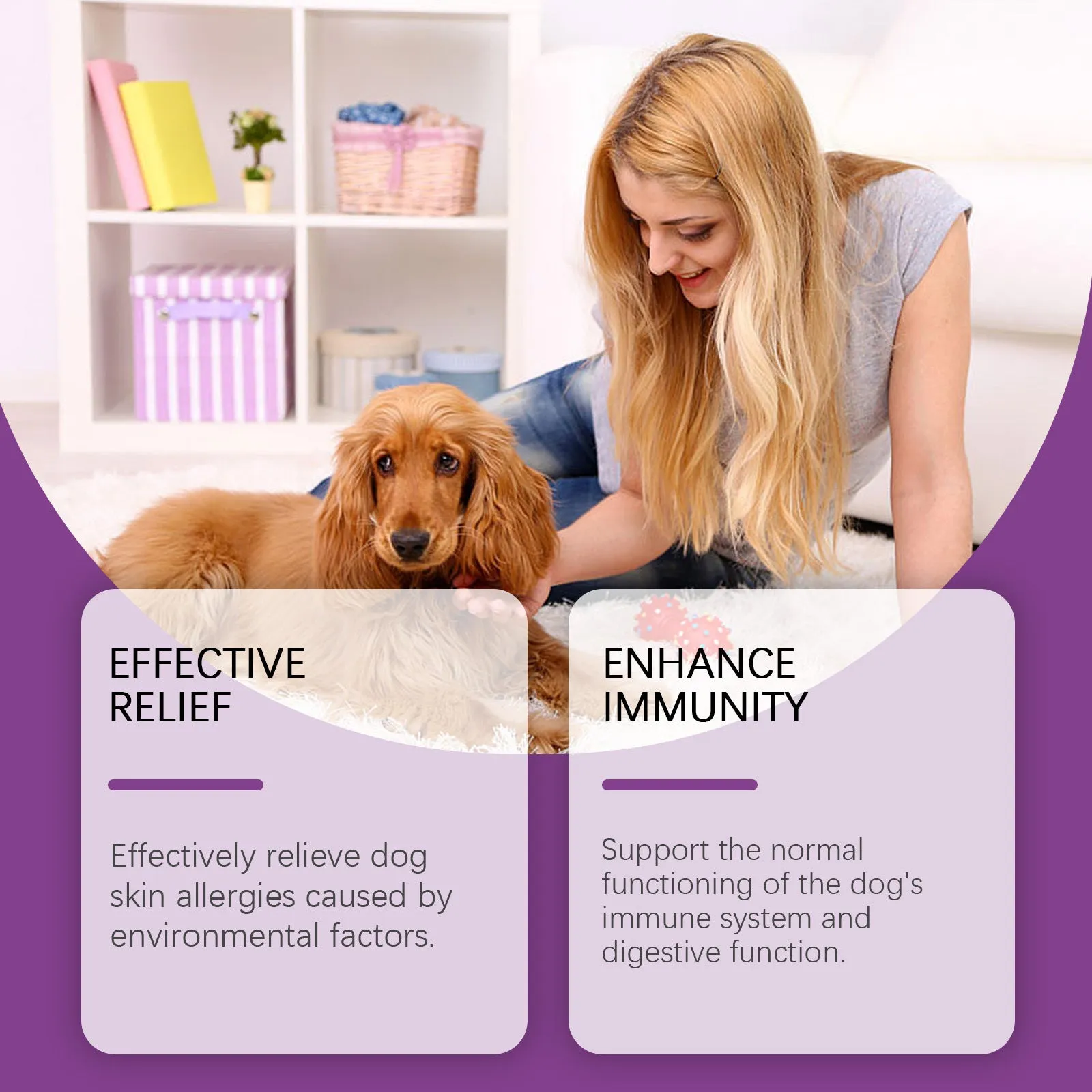 Allergy Relief Immune Chews 50g pet supplement pack with dog table