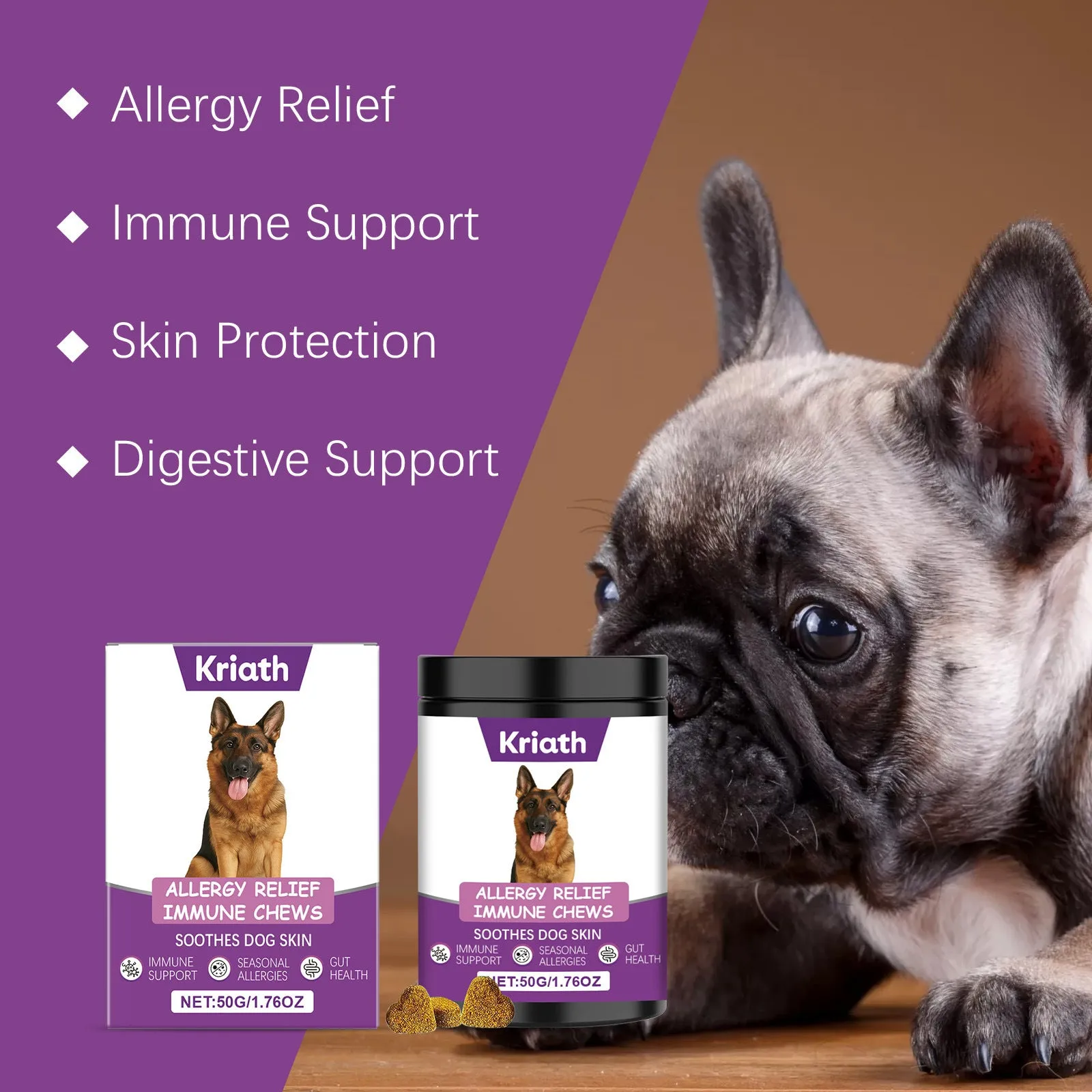 Allergy Relief Immune Chews 50g pet supplement pack with dog table