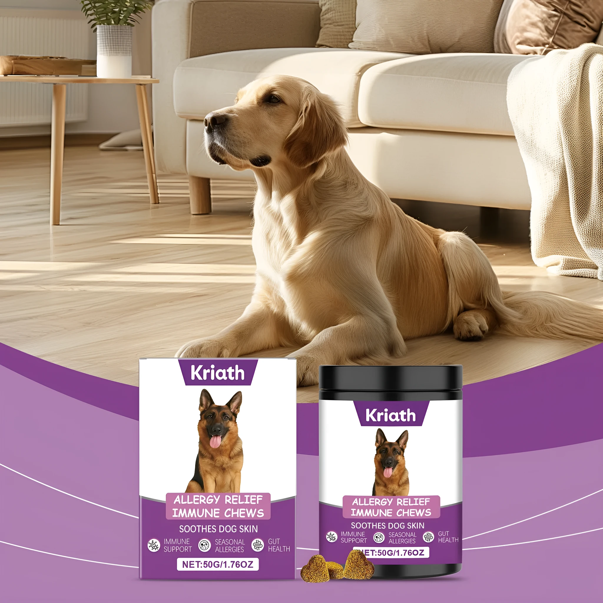 Allergy Relief Immune Chews 50g pet supplement pack with dog table