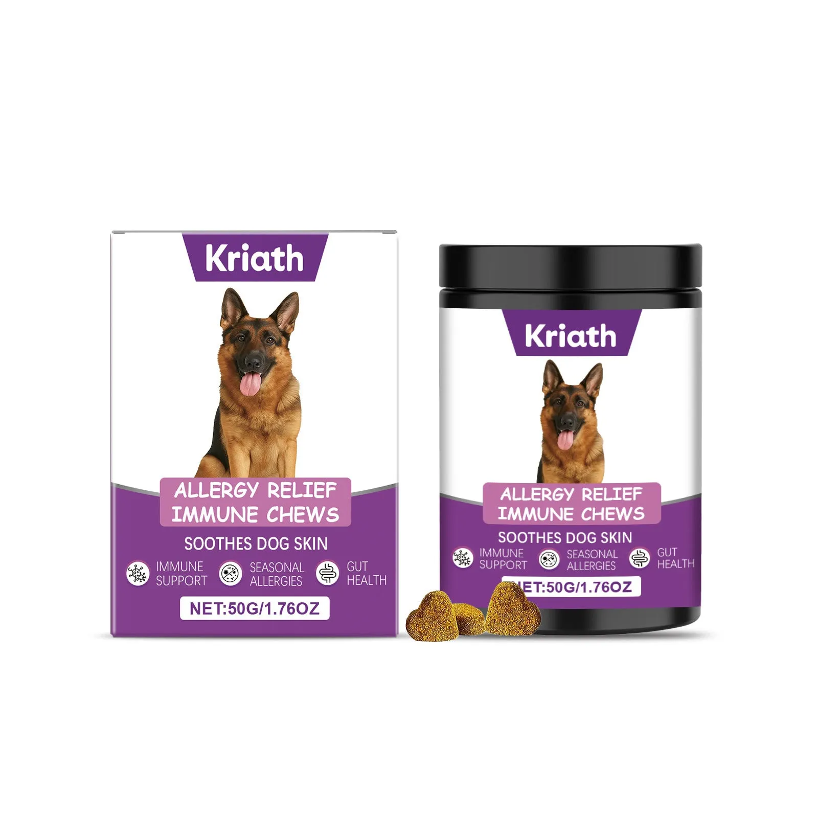 Allergy Relief Immune Chews 50g pet supplement pack with dog table