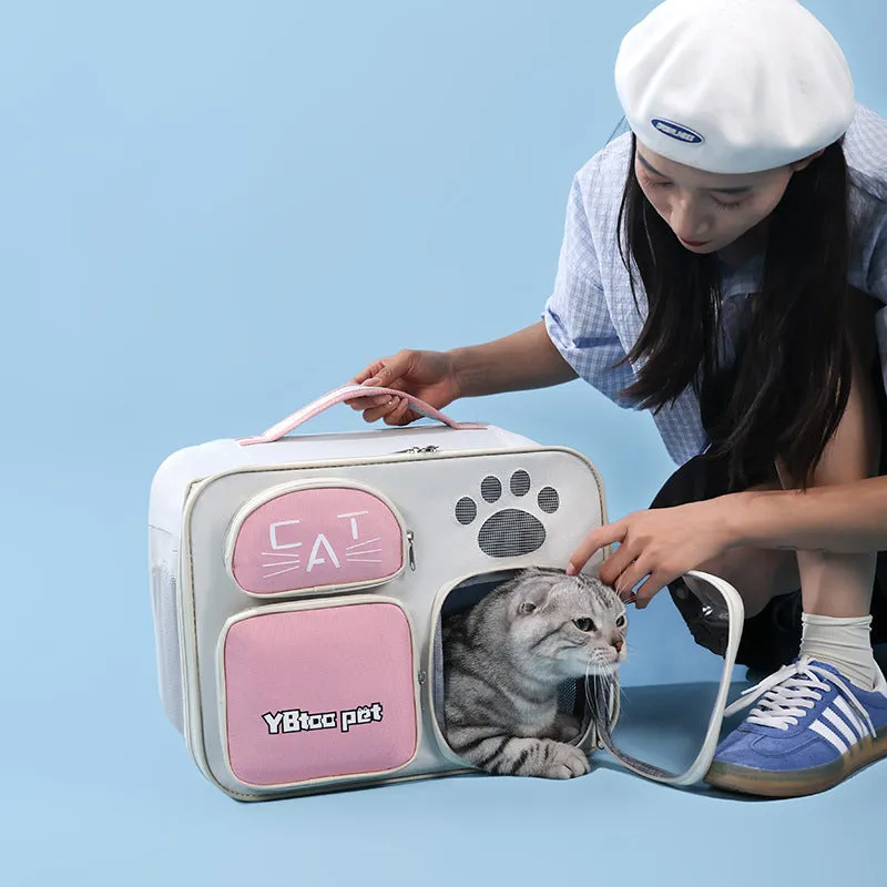 Portable cat and dog one shoulder messenger bag in blue nylon with cartoon pattern for outdoor use