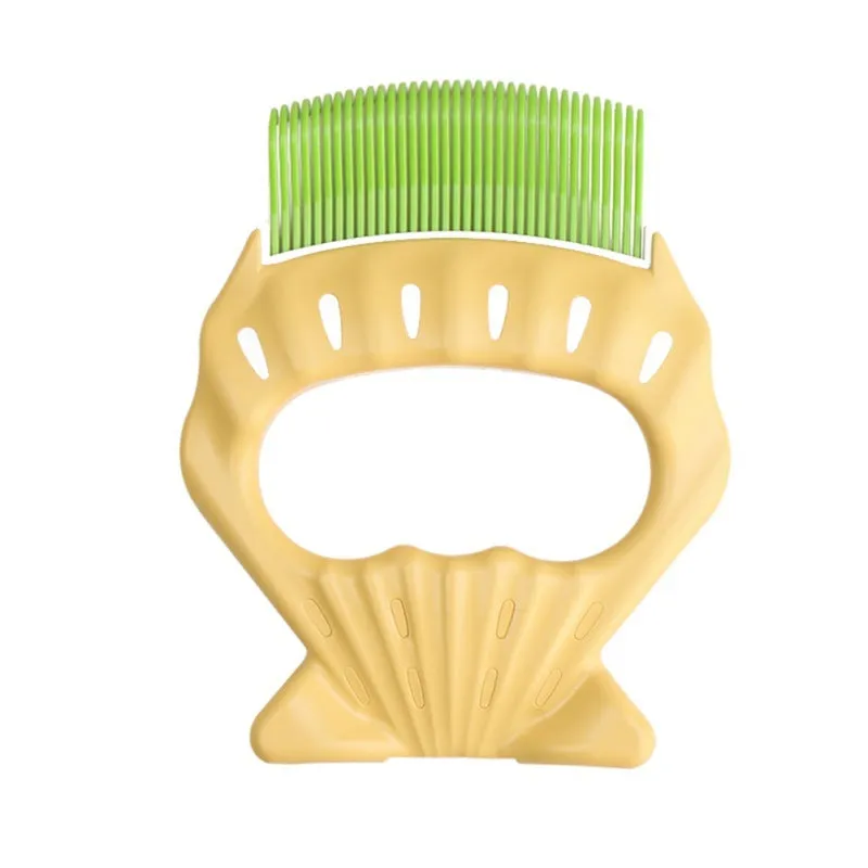 Shell-shaped plastic pet grooming comb with bent wire bristles in green, orange, or purple colours.