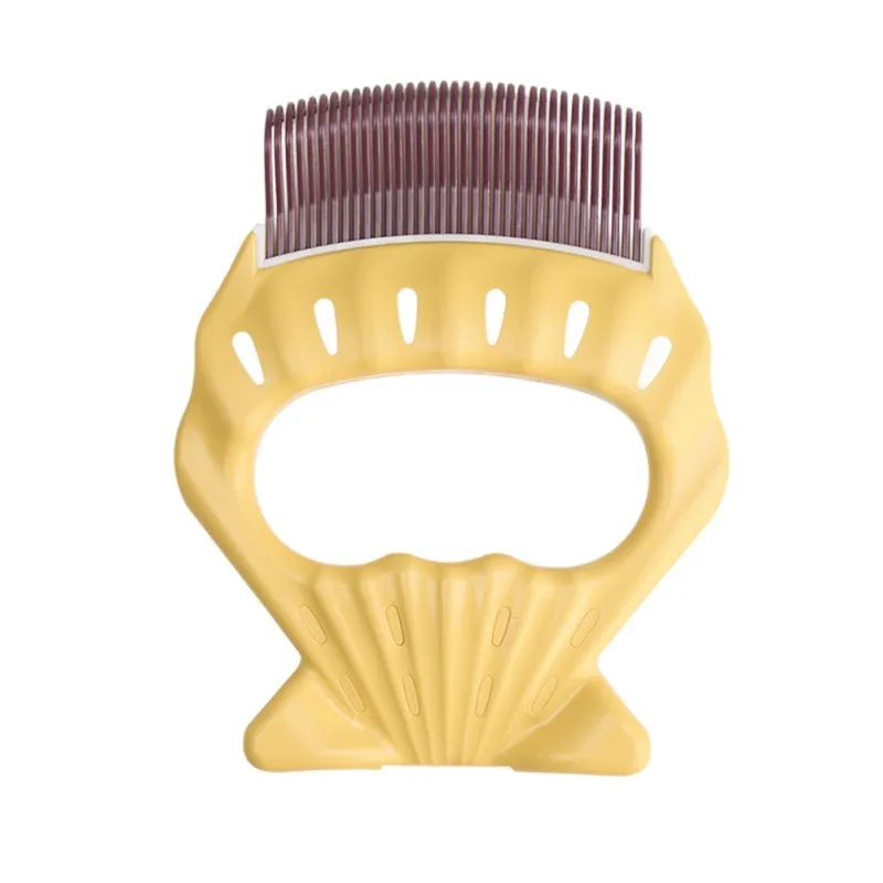 Shell-shaped plastic pet grooming comb with bent wire bristles in green, orange, or purple colours.
