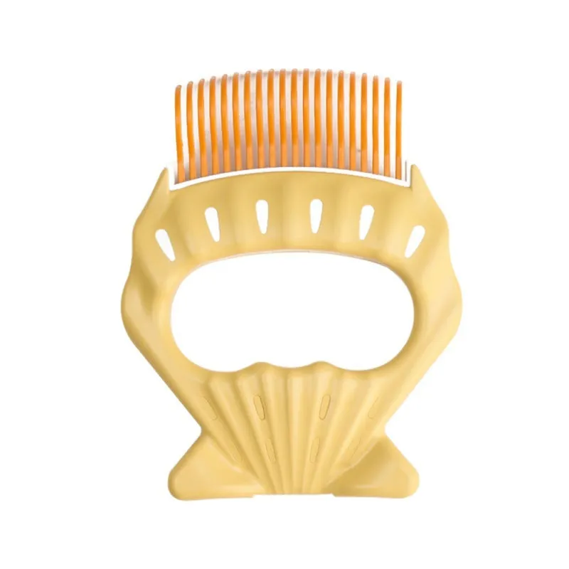 Shell-shaped plastic pet grooming comb with bent wire bristles in green, orange, or purple colours.