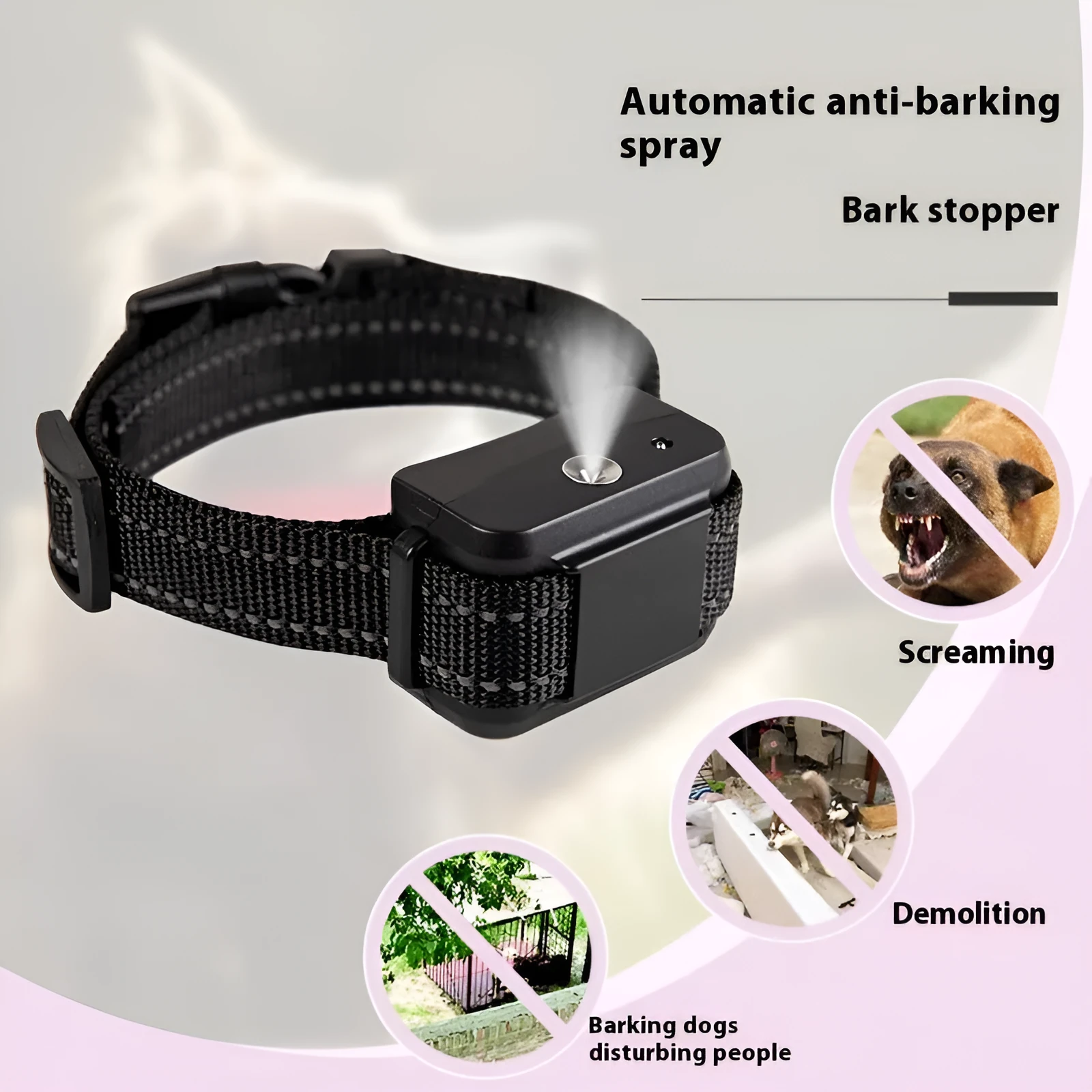 Automatic bark stopper dog training spray collar in black, made from ABS material, with strap attached