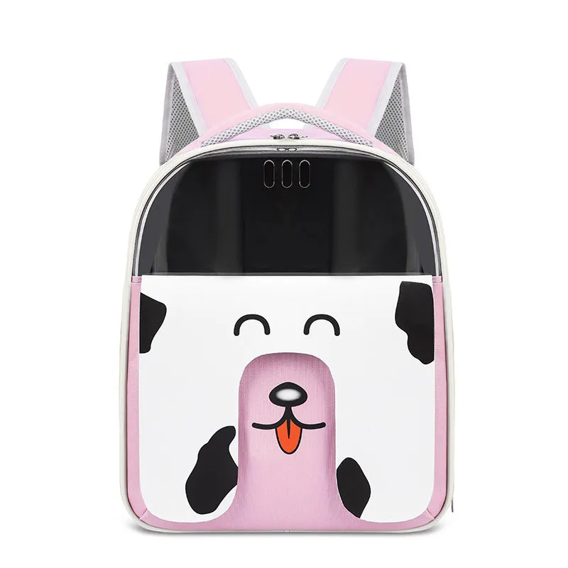 Large capacity PU PVC pet backpack in beige, for outdoor travel with a cat