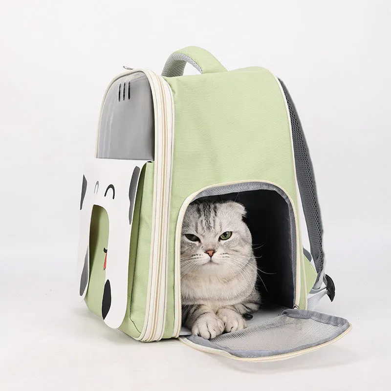 Large capacity PU PVC pet backpack in beige, for outdoor travel with a cat