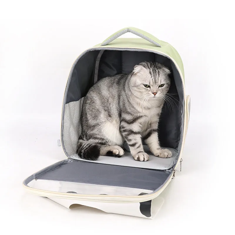 Large capacity PU PVC pet backpack in beige, for outdoor travel with a cat