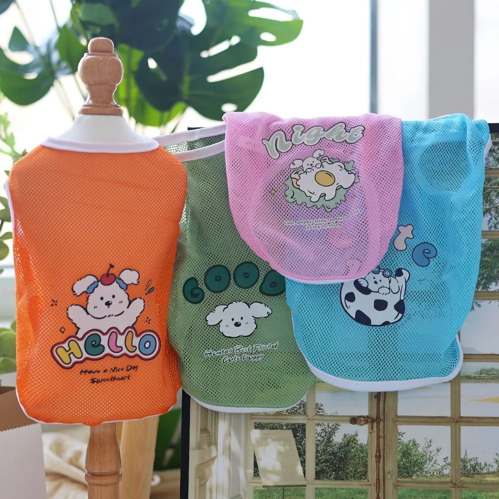 Spring and summer grid cartoon printed polyester pet vest in blue with chest measurement details