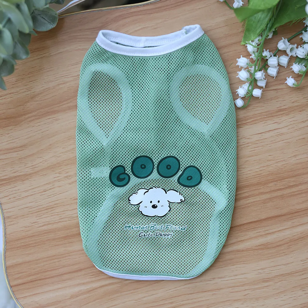 Spring and summer grid cartoon printed polyester pet vest in blue with chest measurement details