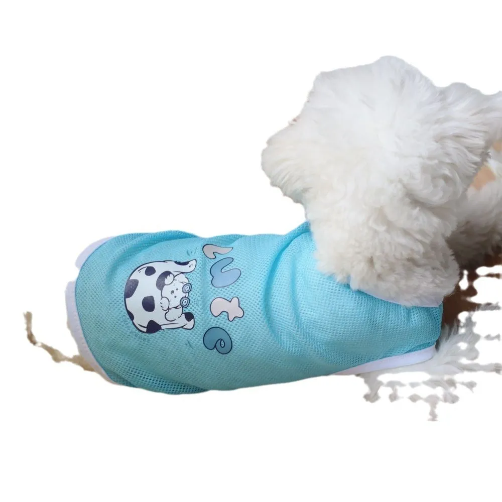 Spring and summer grid cartoon printed polyester pet vest in blue with chest measurement details
