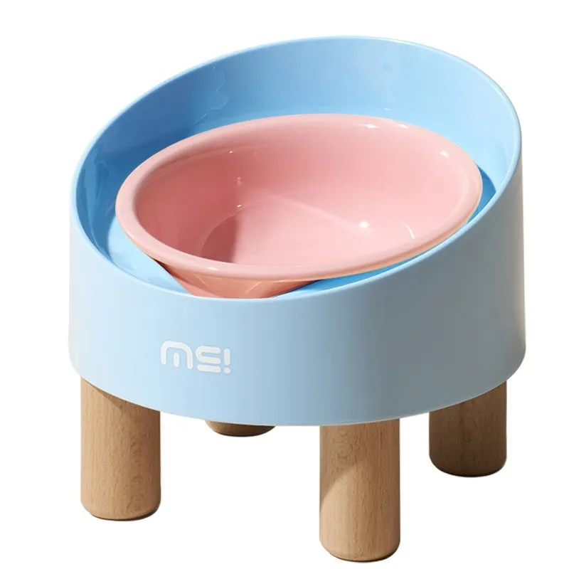 Blue purple cat ceramic food basin with high foot and oblique mouth on beech wooden feet